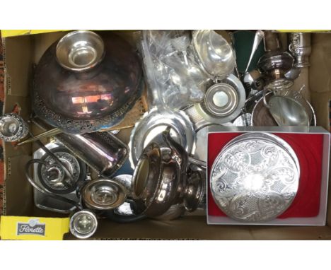 A quantity of silver plated items to include a teapot, flatware, candelabra and a dressing table set (1 box)  