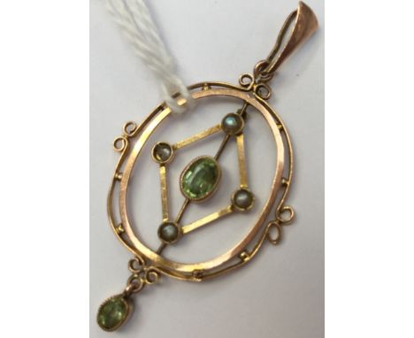 An Edwardian 9ct gold, peridot and pearl pendant, comprising a central set peridot with a diamond shaped surround set at each