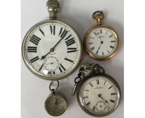 Three pocket watches to include a Goliath white metal, silver and gold plated; together with a silver compass fob 