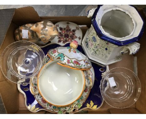  19th Century sauce boat and stand, Copeland Spode, a Russian cat, pair of cut glass grapefruit dishes (one box) 