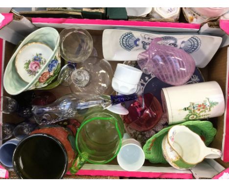 A quantity of ceramics and glass to include Poole pottery, Uranium glass, milk glass, etc (one box) 