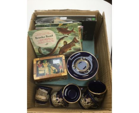 A collection of tea cards in albums (7), stamps, Wedgwood cascade dish, Egyptian box, Greek, coffee cups and saucers, cake pl