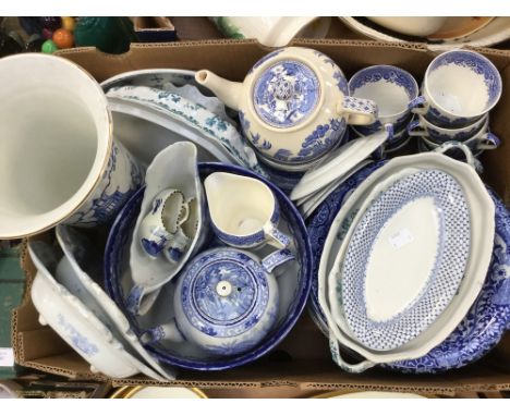 A collection of 19th century and later, blue and white ceramics to include Burleigh, Copeland Spode and Asiatic Pheasant ware
