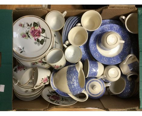 A blue and white dinner service and tea service for eight; together with floral dinner and tea wares (one box) 