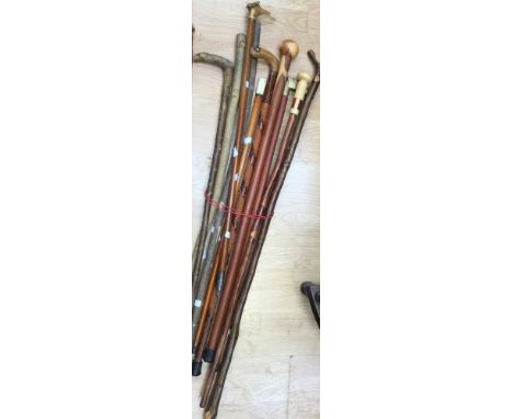 A collection of assorted walking sticks, including horn handled, horse head handled stick, plus rusticated sticks (10) 