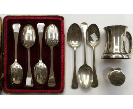 A matched set of four Edwardian silver Hanoverian table spoons, the reverse bowl with chase and decoration including cranes, 