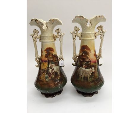 Two late 19th/early Edwardian vases (English) with airbrush painting and transfer print patterns, 15,5 inches, 40 cm high app