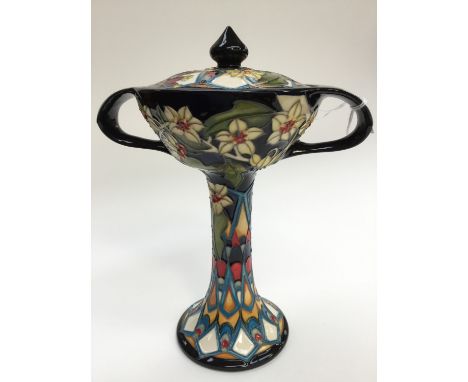 A Moorcroft limited edition 2/10 'Marq' twin handled pedestal chalice and cover, designed by and singed to base by Vicki Lova