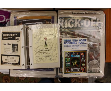 A collection of assorted Derby County newspapers and newspaper cutouts, some signed, dating from the late 1990's