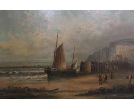 A pair of 19th Century oils on canvas depicting seascapes with vessels near shore with sails erected and figures, signed L.H 