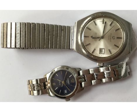 Two Tissot watches comprising a ladies steel strap watch with blue dial, along with a gentleman's Sea Star on non original ex