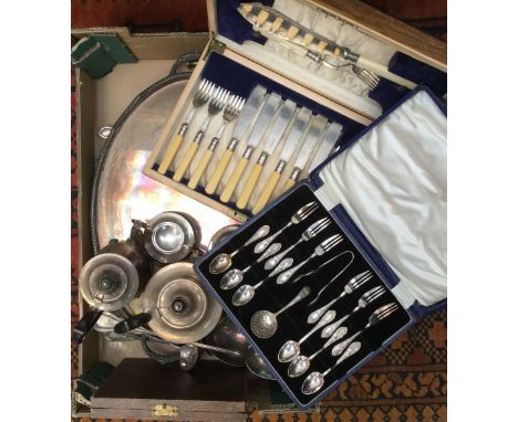 A silver plated tea service with large gallery tray together with cased and loose flatware, napkin rings and brass punches (1