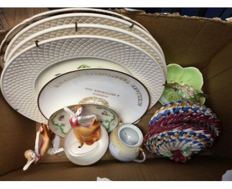 1930's basket, Italian basket box, two Herkwig Katzhutte, dancing figurines cabinet cup and saucer, together with three Copel