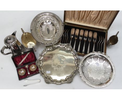 A collection of silver plate including salver with pie crust trim on ball feet, together with a Georgian style coffee set inc