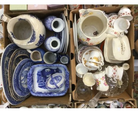 A box of blue and white pottery to include Spode Italian dishes, meat plates, Wedgwood Jasperwares and water jug; together wi