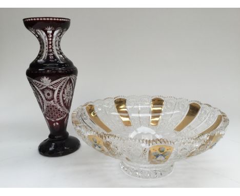 A stylish ruby flash glass vase, together with a cut glass gilded and enamelled bowl (2)