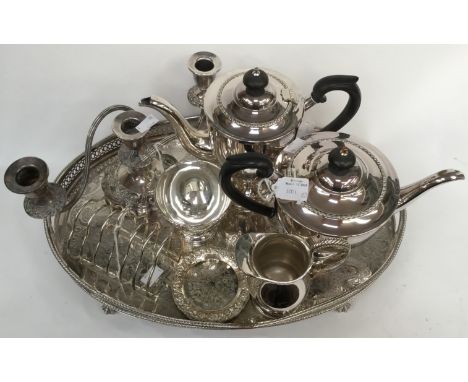 A silver plated four piece tea service, together with a large gallery tray a/f, a candelabra, toast rack and coasters (1 box)