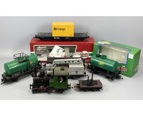 LEHMANN LGB SEVEN-PIECE G GAUGE TRAIN SET, to include a 2.20D locomotive, 2 x BP tanker carriages, one boxed, container bogey