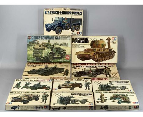 TEN BOXED 1:35 SCALE MODEL KITS, Tamya and Revell, WWII German army vehicles, and a boxed Airfix 1:35 scale model kit, Americ