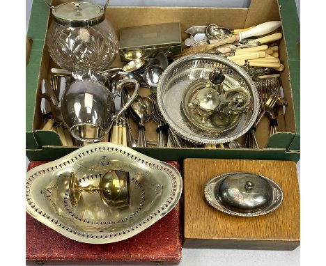 MIXED SILVER PLATE to include large collection of cutlery, cased set of six fish knives and forks, cigarette box with engine 