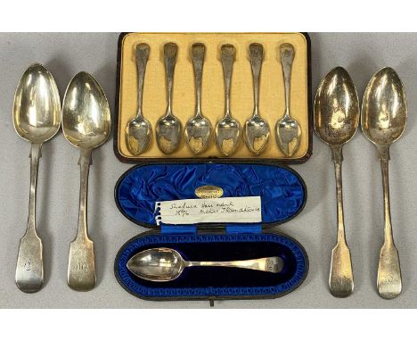 MIXED ANTIQUE FLATWARE, including cased set of six Victorian silver teaspoons with monogrammed handles, Exeter, maker William