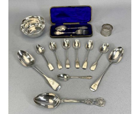 VARIOUS SILVER including circular bowl of plain-form with rolled rim, 5cms H, 12cms diam., 3ozt, 6 x Georgian silver teaspoon