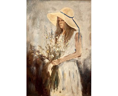 20TH CENTURY BRITISH SCHOOL oil on canvas - three-quarter length portrait of a girl wearing hat, with blue ribbon, holding bu