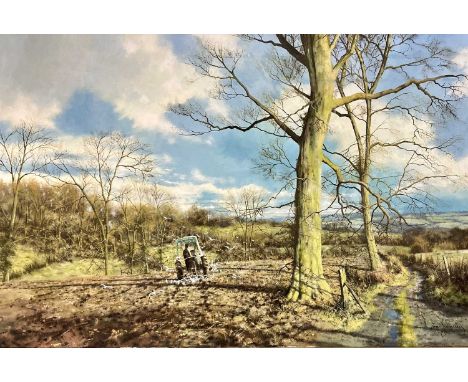 TONY WOODING (British, 20th century) oil on canvas - seagulls following tractor and plough, signed and dated '95 lower right,
