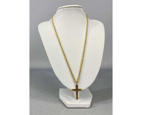 9CT YELLOW GOLD ROPE TWIST NECKLACE, 51cms L, with 9ct yellow gold crucifix with scroll engraved decoration to one side, tota