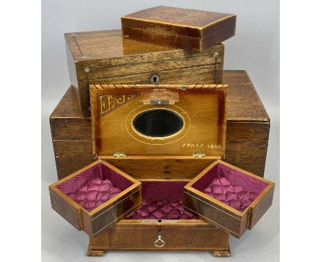 RECTANGULAR MAHOGANY TRINKET BOX with hinged cover, 36cms H, rosewood trinket box with steel string inlay, 25cms W, with two 
