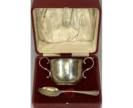 GEORGE V SILVER PORRINGER of plain circular form, with scrolled side handles, inscribed to 'Christina Green from Grandfather 