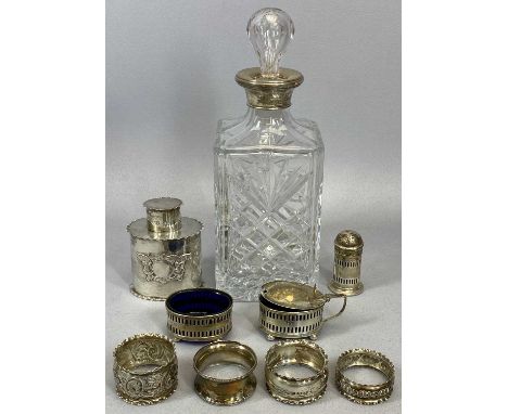 SMALL SILVER GROUP to include Edwardian oval silver tea-caddy and cover, with scrolled border and embossed cartouche, 8cms H,