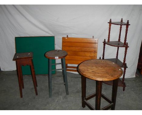 A 4 tier what not (1 m high), a pine topped metal leg stool, and oak round top coffee table, 2 folding card tables and a plan