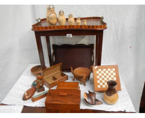 An old inlaid tray, chess set, wooden boxes, animals etc.,