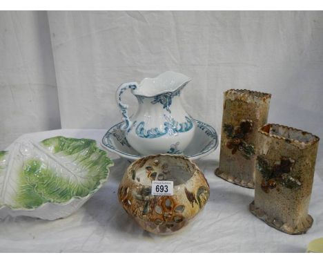A jug and basin set, a cabbage dish, 2 vases and a bowl all in good condition.