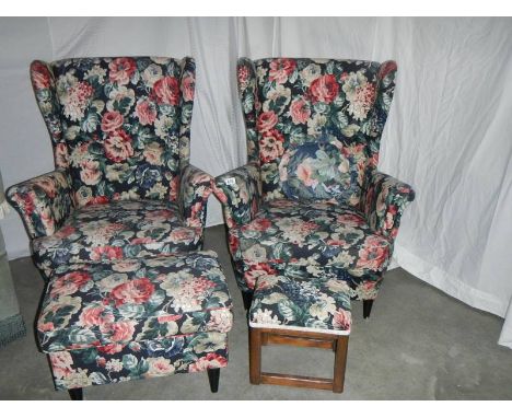 A pair of matching arm chairs, matching stool and matching pouffe.