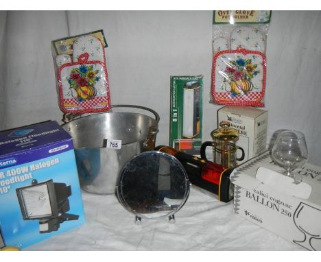 A mixed lot including aluminium jam pan, set of 6 glasses, outside light, cafetiere etc.,