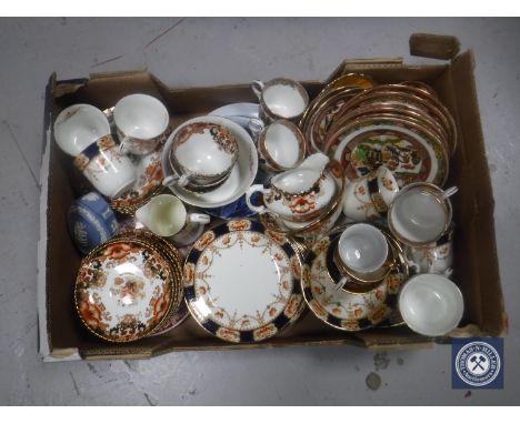 A box of boxed pair of Bohemia crystal tumblers, Victorian Imari part tea service, Wedgwood Jasperware trinket box etc