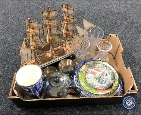 A box containing model of a three mast galleon, Ringtons pieces, crystal vases, silver plated tea service, collector's plates
