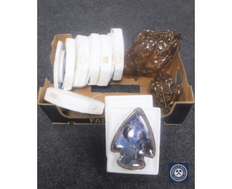 A box containing a quantity of boxed Franklin Mint collector's plates depicting Native Americans together with a pair of meta