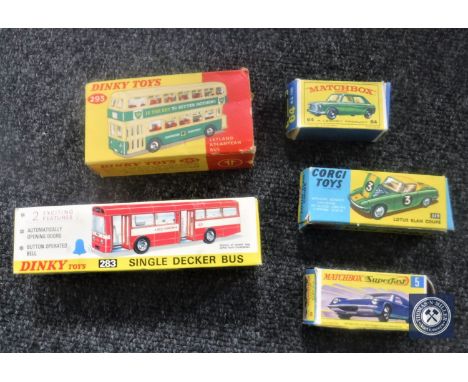 Five die-cast model vehicles : Dinky Toys Leyland Atlantean Bus Model Number 293, Corgi Toys Lotus Elan Coupe Model Number 31