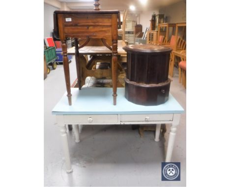 A pine Pembroke table, a shaped mahogany circular commode and a 1960's melamine topped kitchen table