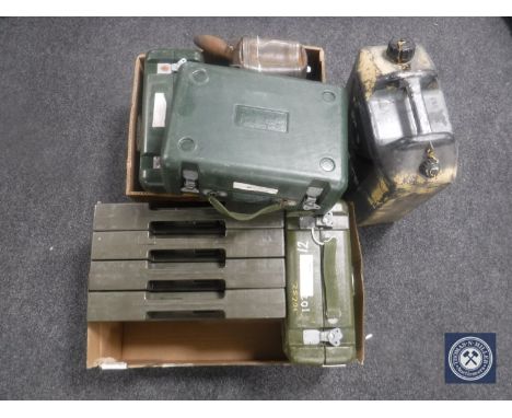 Two boxes of jerry cans, ammunition tin etc