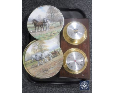 A tray of brass cased barometer and clock mounted on board and six Royal Doulton wall plates