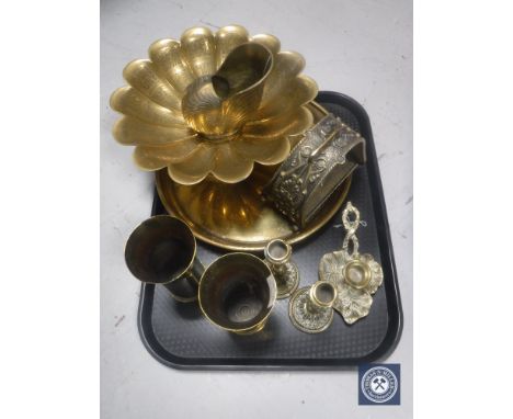 A tray of Eastern brass dish, ammunition shells, candlesticks etc