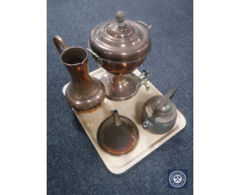 A tray of copper samovar, funnel, jug, teapot etc