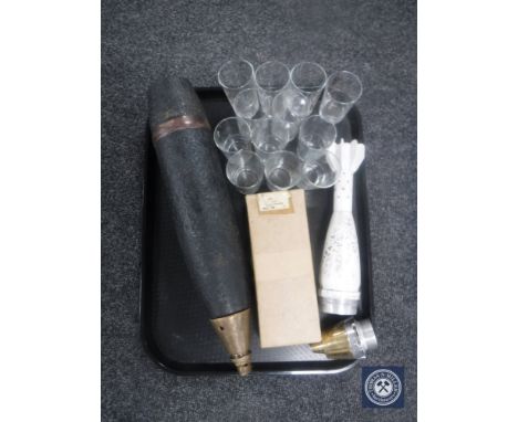 A tray of inert shells, boxed army spanners, glasses with Scots Guards insignia etc