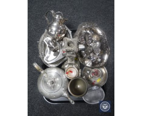 A tray of silver egg cup, and various silver plated wares, teapot, candelabrum etc