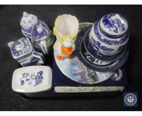A tray of Ringtons Blue and white china, willow pattern caddy, boxed plates etc.