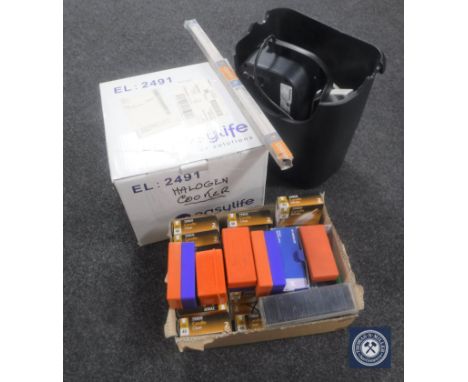 A boxed mini halogen oven, shredder, quantity of light bulbs